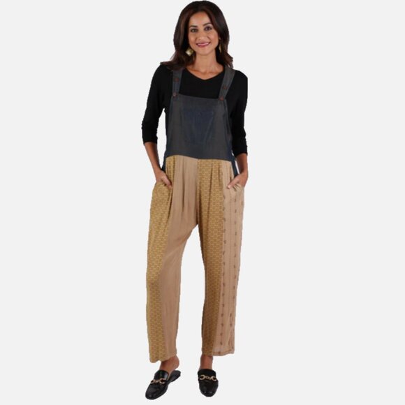 Nwt SACRED THREADS patch hippy rayon OVERALLS ROMPER JUMPSUIT JUMPER L - Picture 1 of 6
